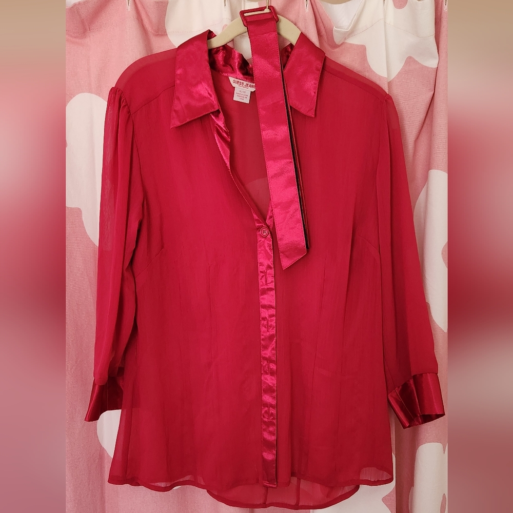 Guess Jeans Sheer Red Button Down Shirt With Satin Belt, XL